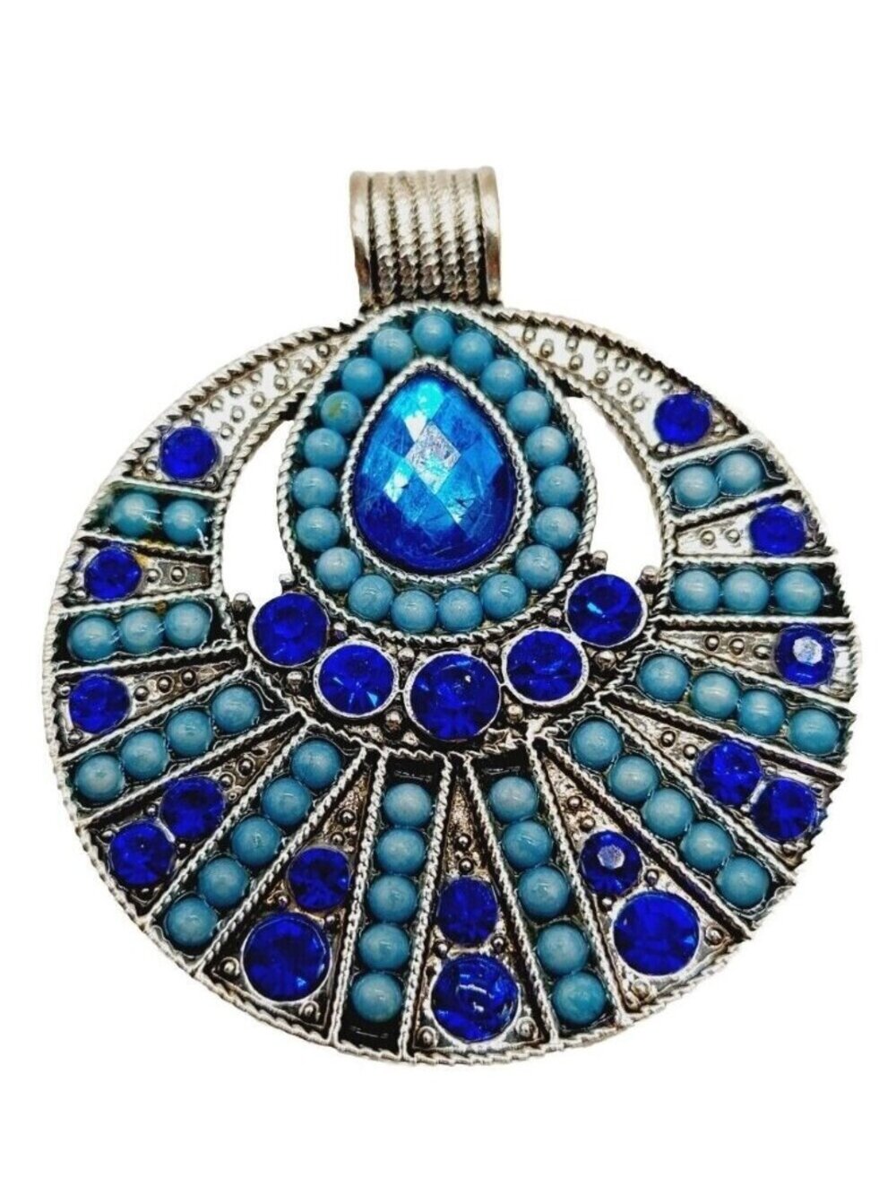 Royal Blue Beaded Silver Tone Medallion Round 2"